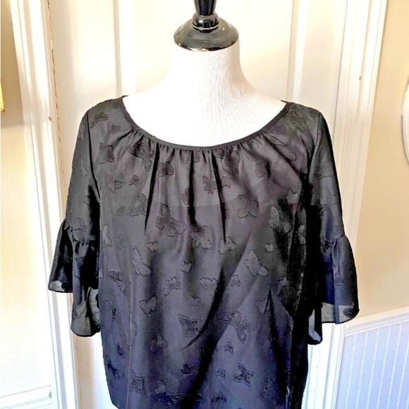 Womens Madewell Sz Medium Blouse Top Black Sheer Lined Butterfly Flutter Sleeve - Picture 2 of 6